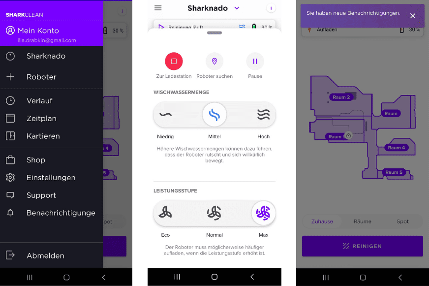 Sharkclean App Einstellungen sind zu sehen.